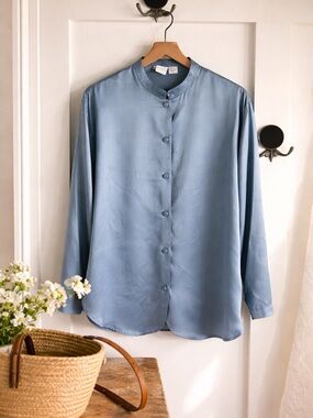 Silk Blue Blouse • Soft French Minimal • 90s Vintage